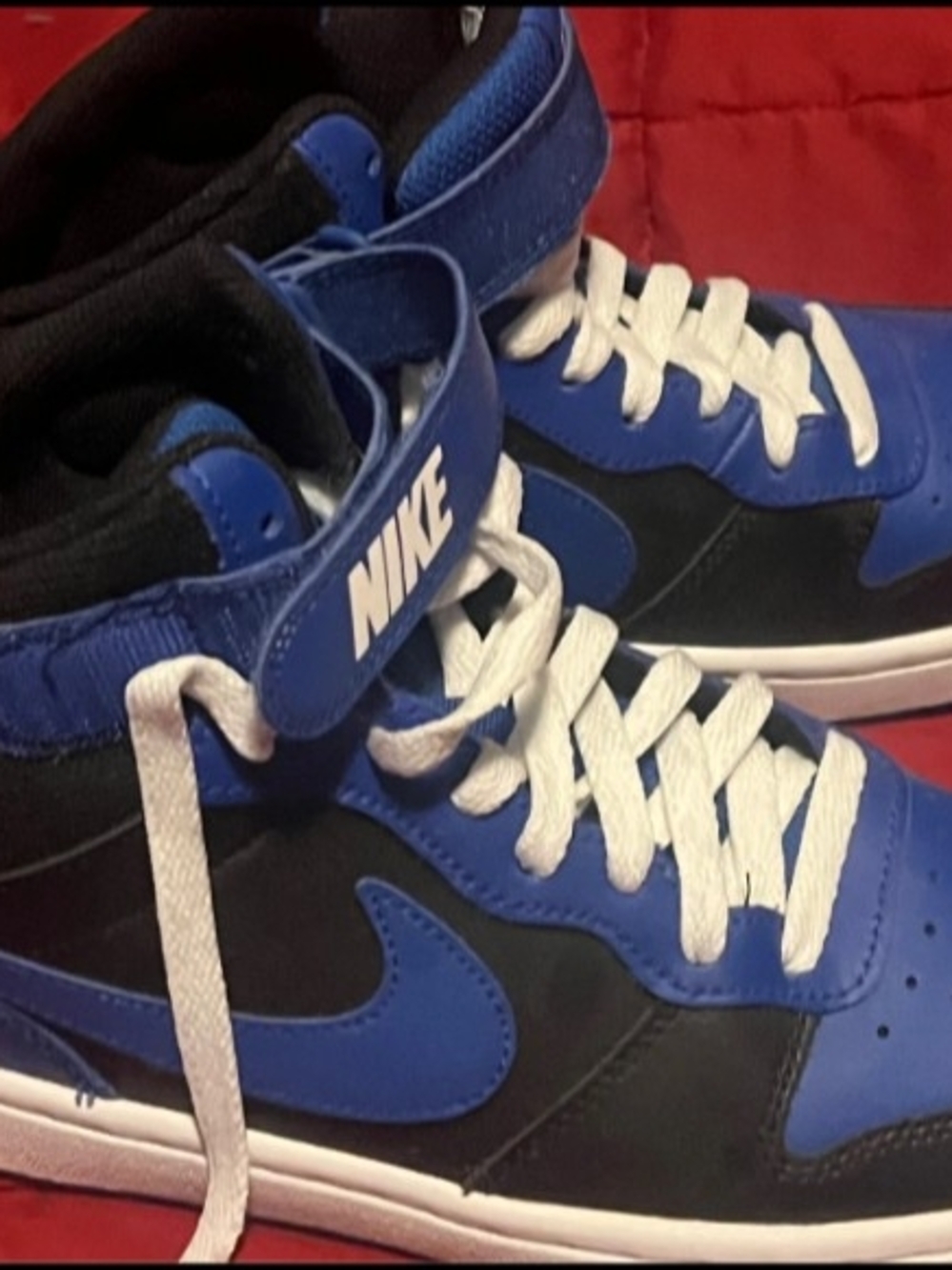 Nike Kids Blue and Black High-Top Sneakers with White Laces and Strap